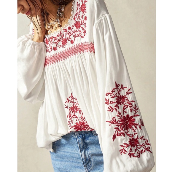 Boho Floral Embroidered Square Neck Flounce Sleeve Blouse - Picture 1 of 6